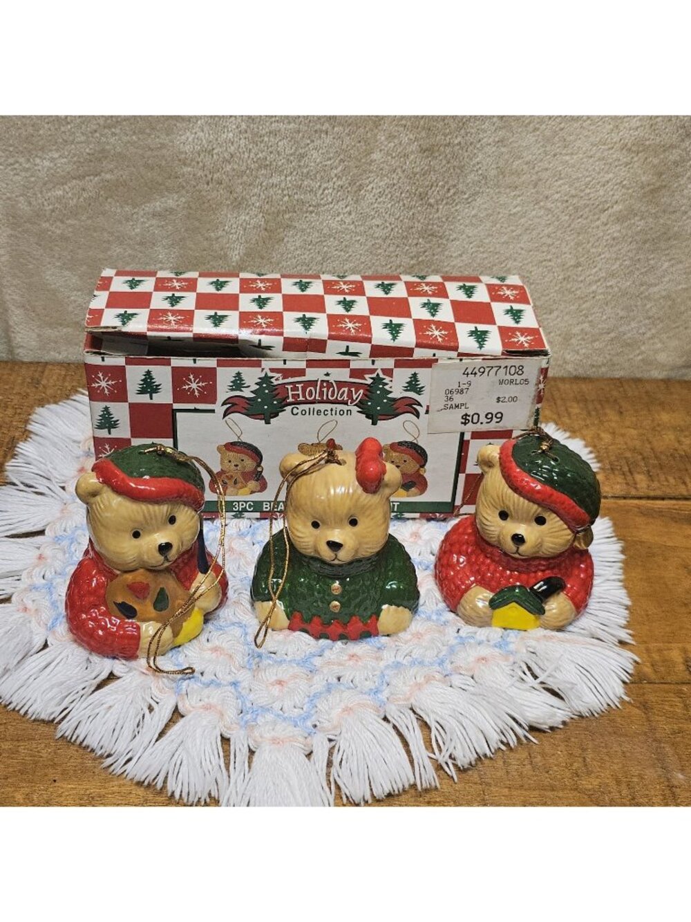 WORLD BAZAARS 3 Little BEAR BELL Glazed Pottery Ornaments Holiday Collection